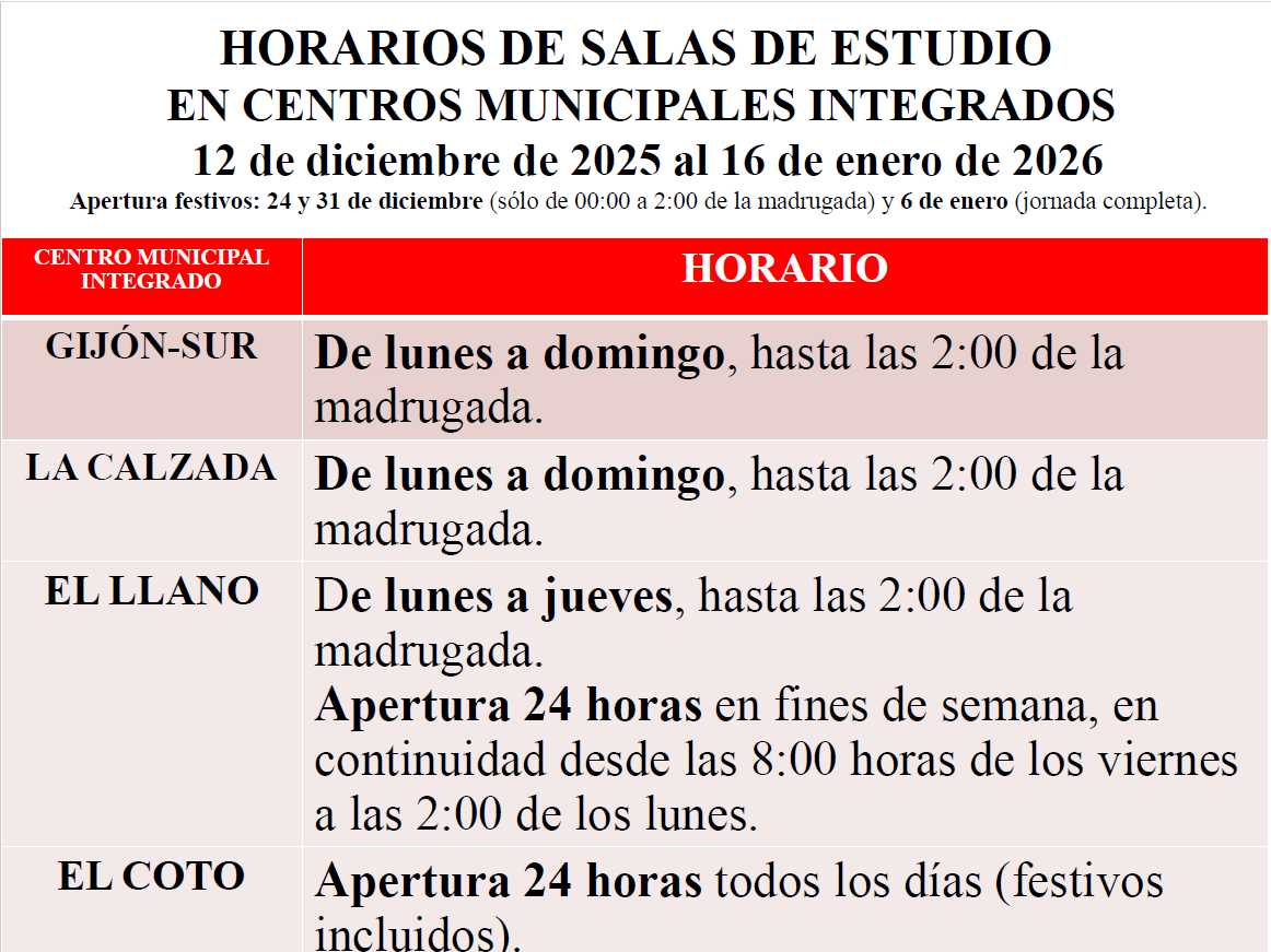 TABLA CON HORARIO DE LOS CMI EN NAVIDAD