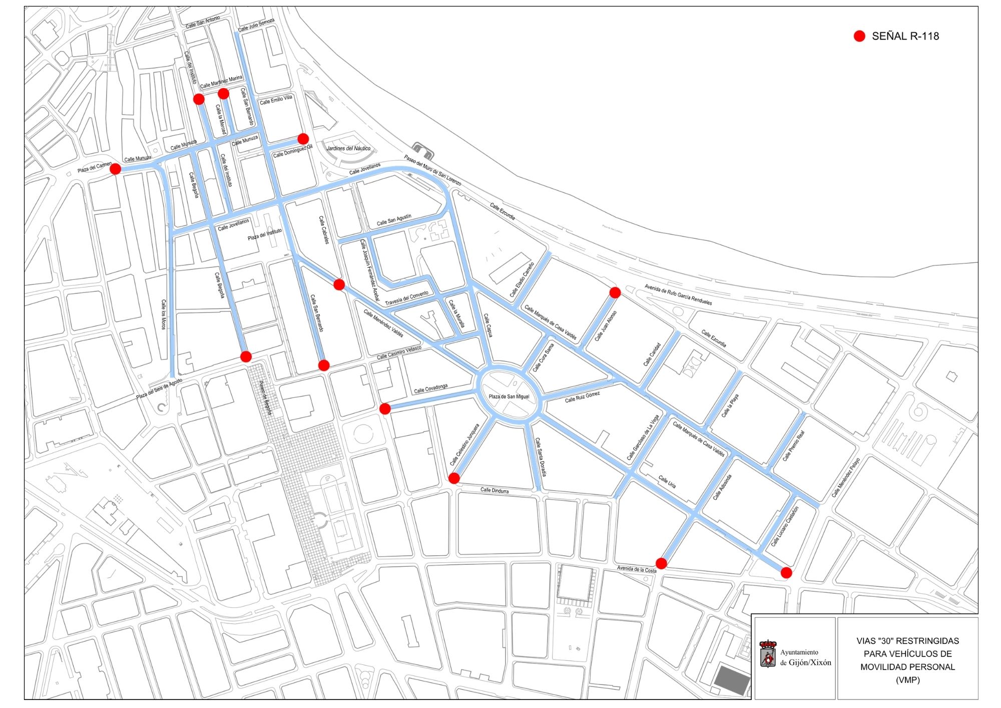 Plano de la zona centra con vías restringidas a VMP
