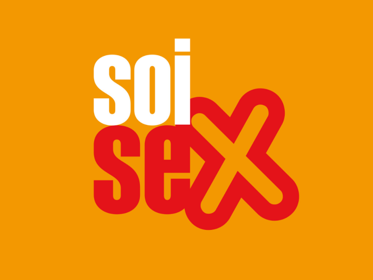 Logotipo soixsex, letras de soisex en blanco y rojo sobre fondo naranja