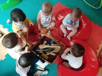 Imagen cenital de varios niños pequeños sentados en círculo